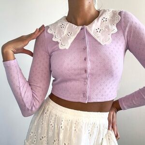 Sugar Thrillz | Lilac purple cardigan top with white eyelet lace collar | Size S